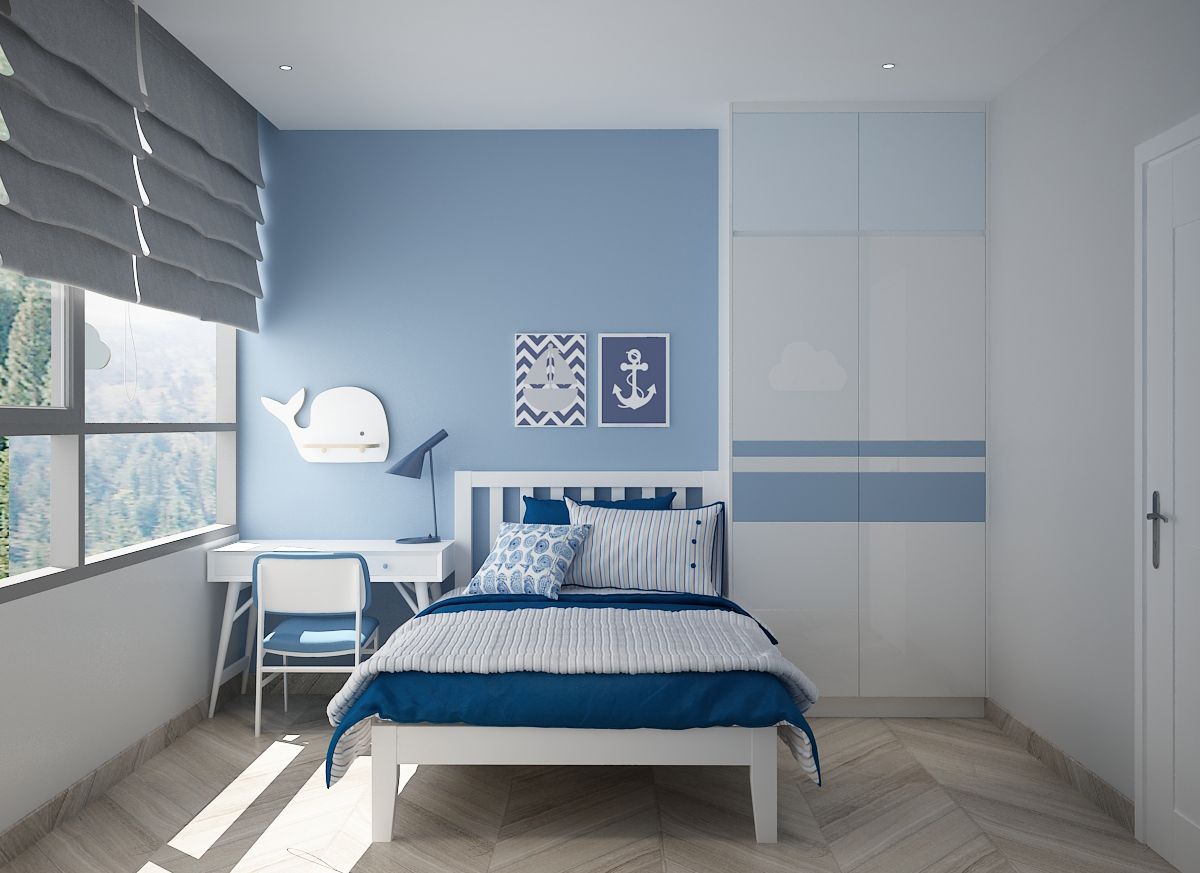 Thiết kế phòng ngủ tất nhiên không thể bỏ qua tông màu xanh dương năng động, xinh xắn