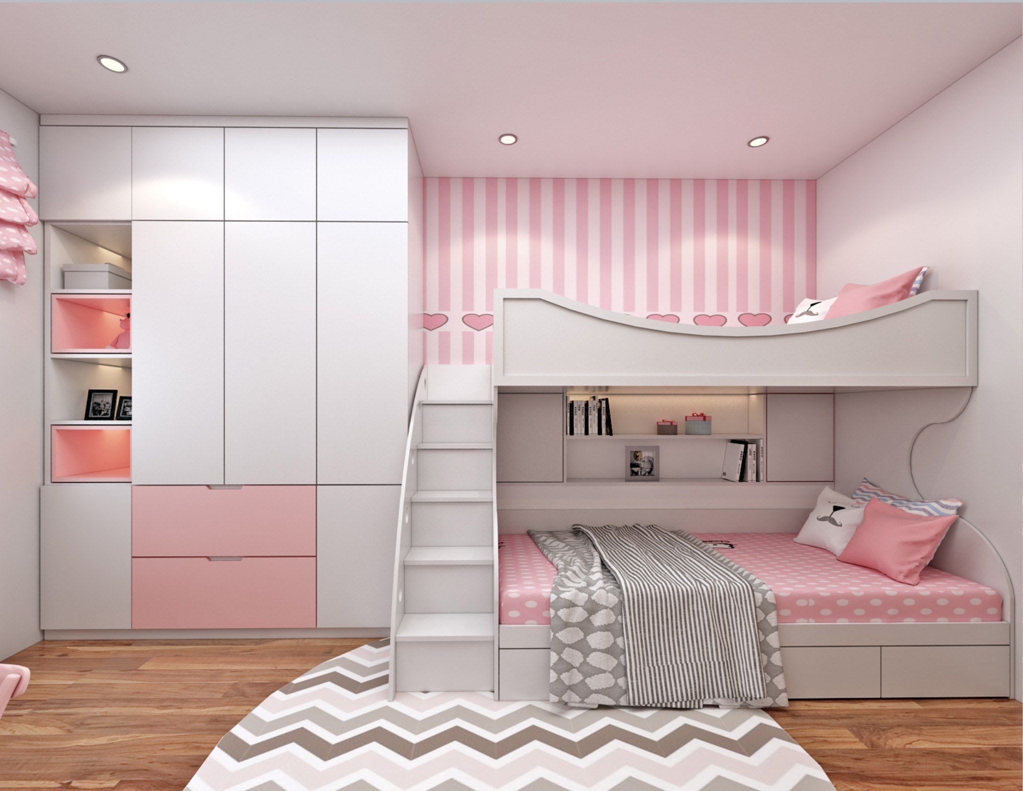 Căn phòng dành cho bé yêu màu hồng trắng kết hợp nội thất đa năng đầy tiện nghi, hiện đại