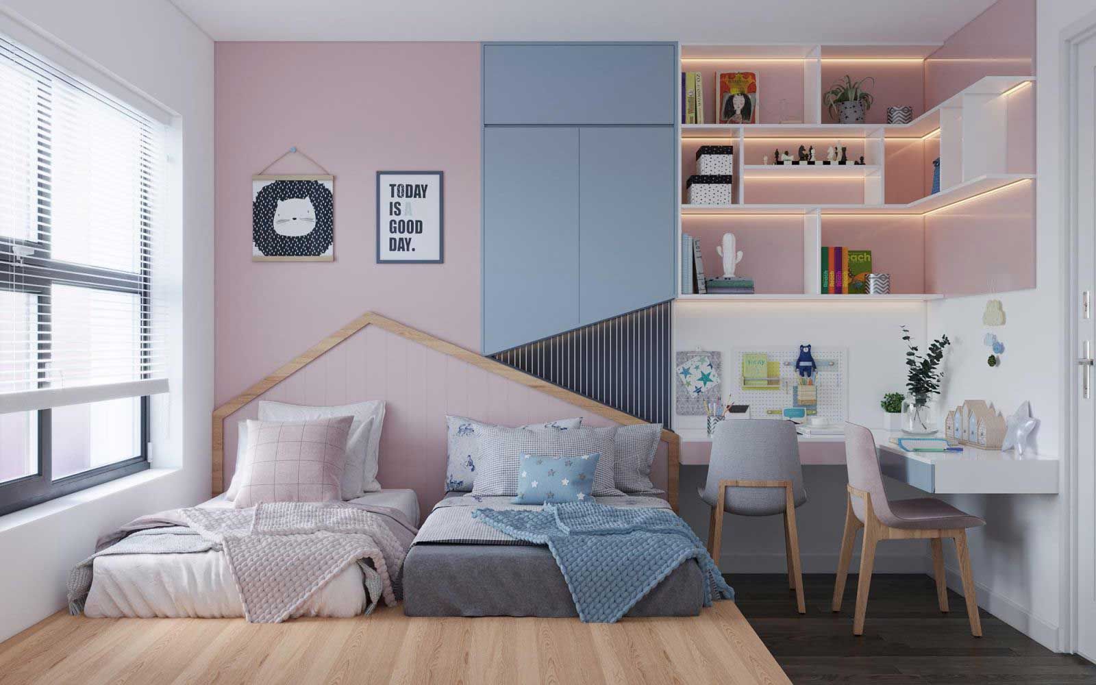 Màu hồng xinh xắn kết hợp màu xanh năng động giúp căn phòng trở nên cá tính hơn