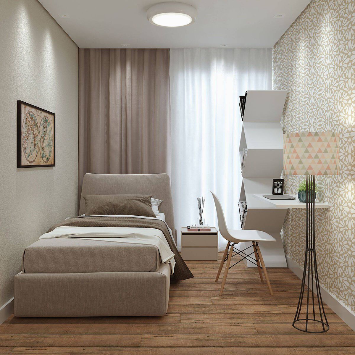 Phòng ngủ phong cách đơn giản sử dụng giấy dán tường hoa văn để không gian không bị nhàm chán
