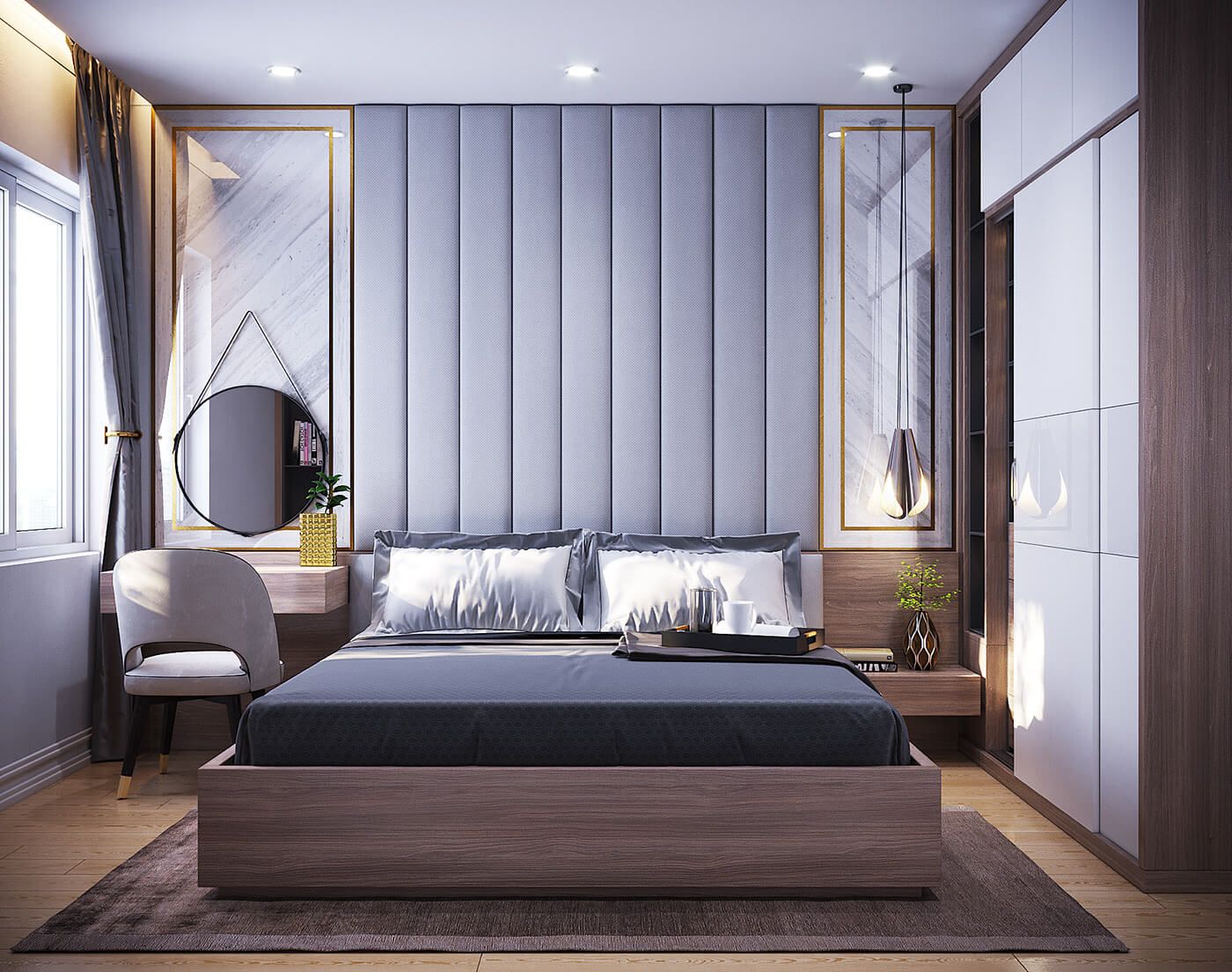 Phòng ngủ 16m2 với tông màu tím kết hợp nội thất gỗ mộc mạc giúp không gian thêm phần lãng mạn