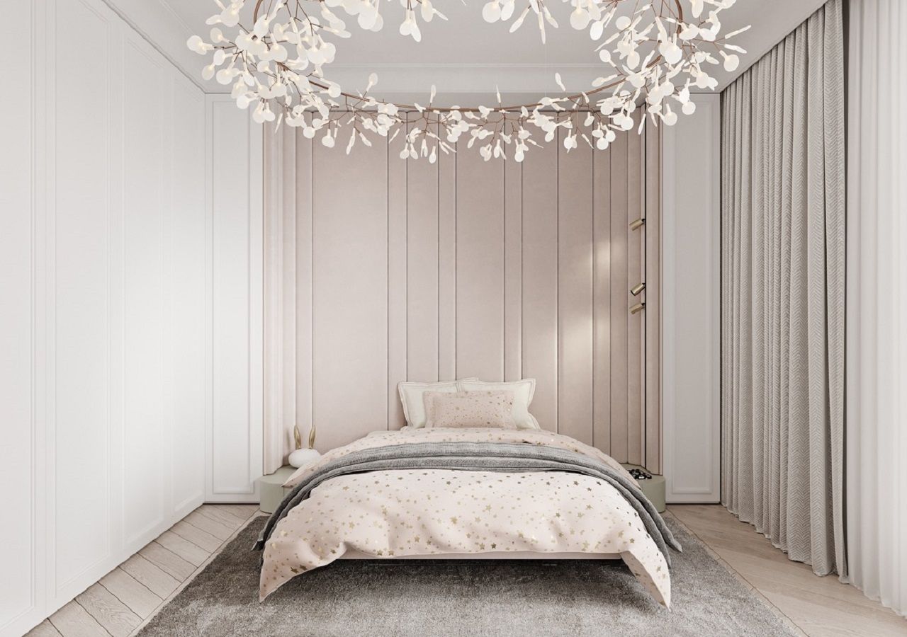 Phòng ngủ có thiết kế màu trắng kết hợp với màu hồng nhẹ nhàng phù hợp với nhiều chị em