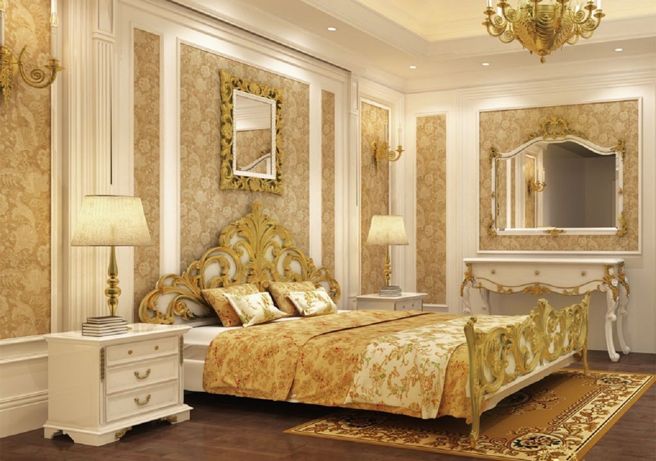 Phòng ngủ mang phong cách cổ điển có màu trắng - vàng gold