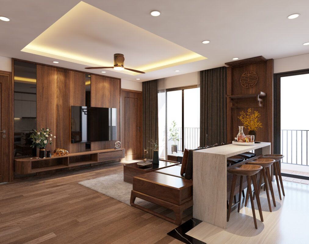 Thiết kế phòng thờ kết hợp phòng khách với chất liệu gỗ tự nhiên đẹp cao cấp, bền