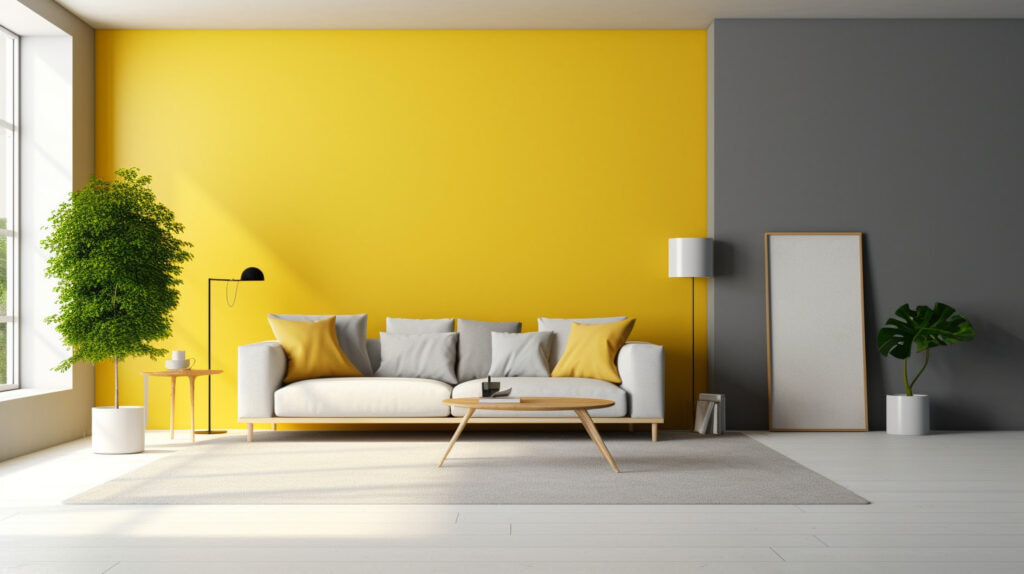 Phòng khách tông màu vàng nhạt kết hợp tone xám độc đáo
