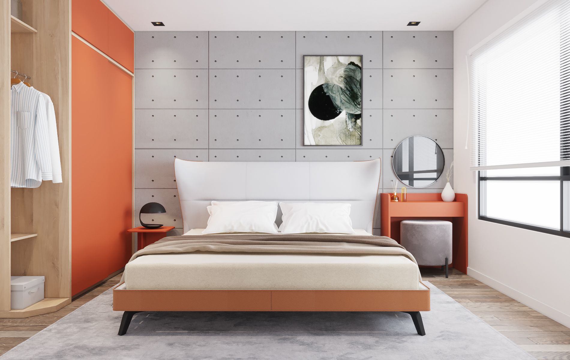 Phòng ngủ 15m2 tông màu cam tươi sáng, tràn đầy năng lượng và sự tươi mới