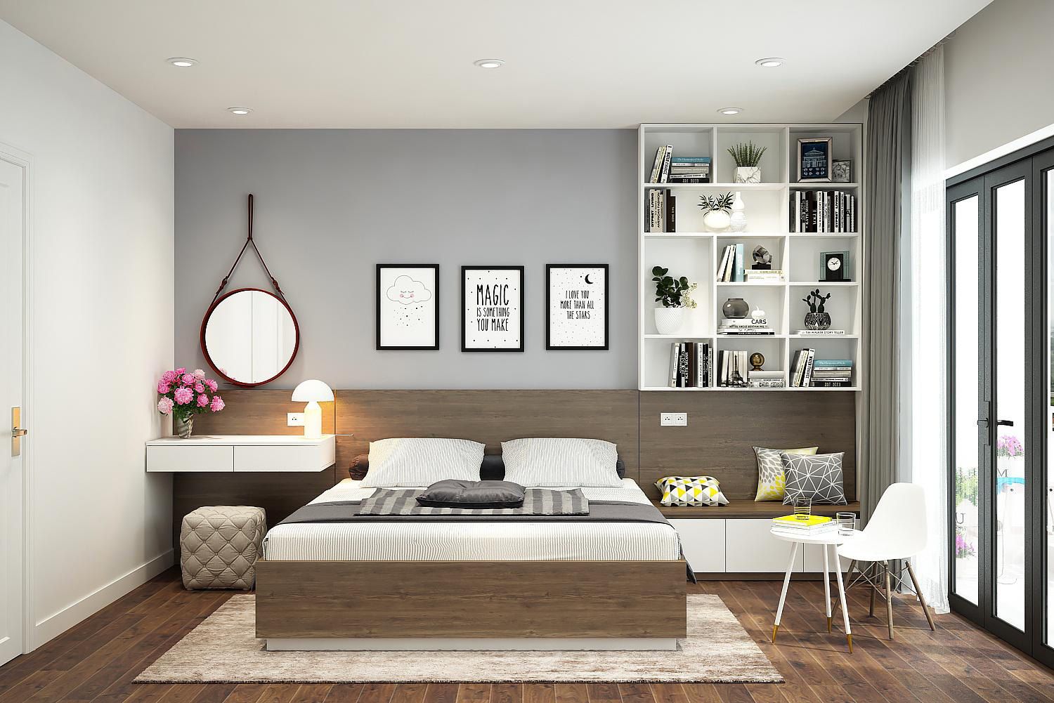 Phòng ngủ 15m2 với gam màu pastel tươi sáng, tạo không gian thư giãn và ngọt ngào.