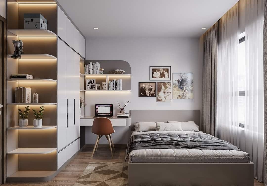 Phòng ngủ 15m2 tông màu trung tính, tạo không gian dịu dàng và thanh lịch.