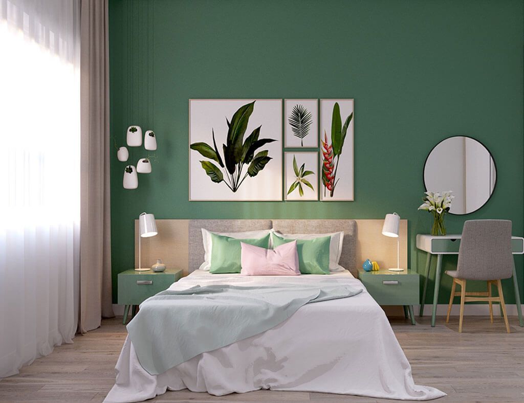 Phòng ngủ 15m2 phong cách tự nhiên, với nội thất làm từ gỗ tự nhiên và cây cỏ xanh mát.