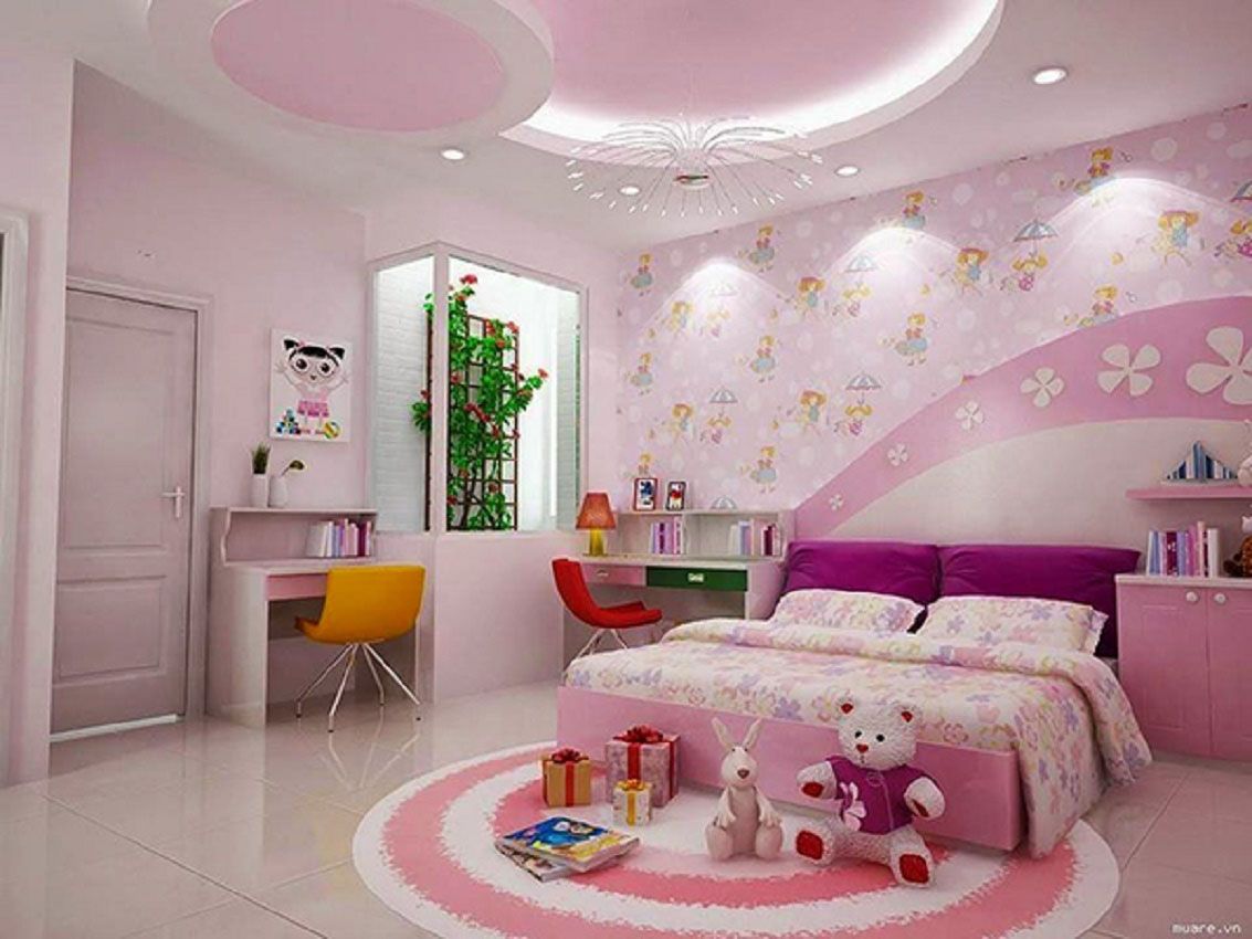 Phòng ngủ cho bé gái trần thiết kế với màu hồng pha tím