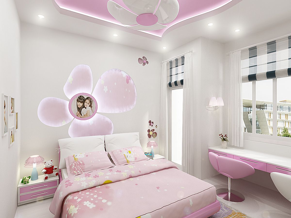Phòng ngủ cho bé gái trần thiết kế theo hình hoa