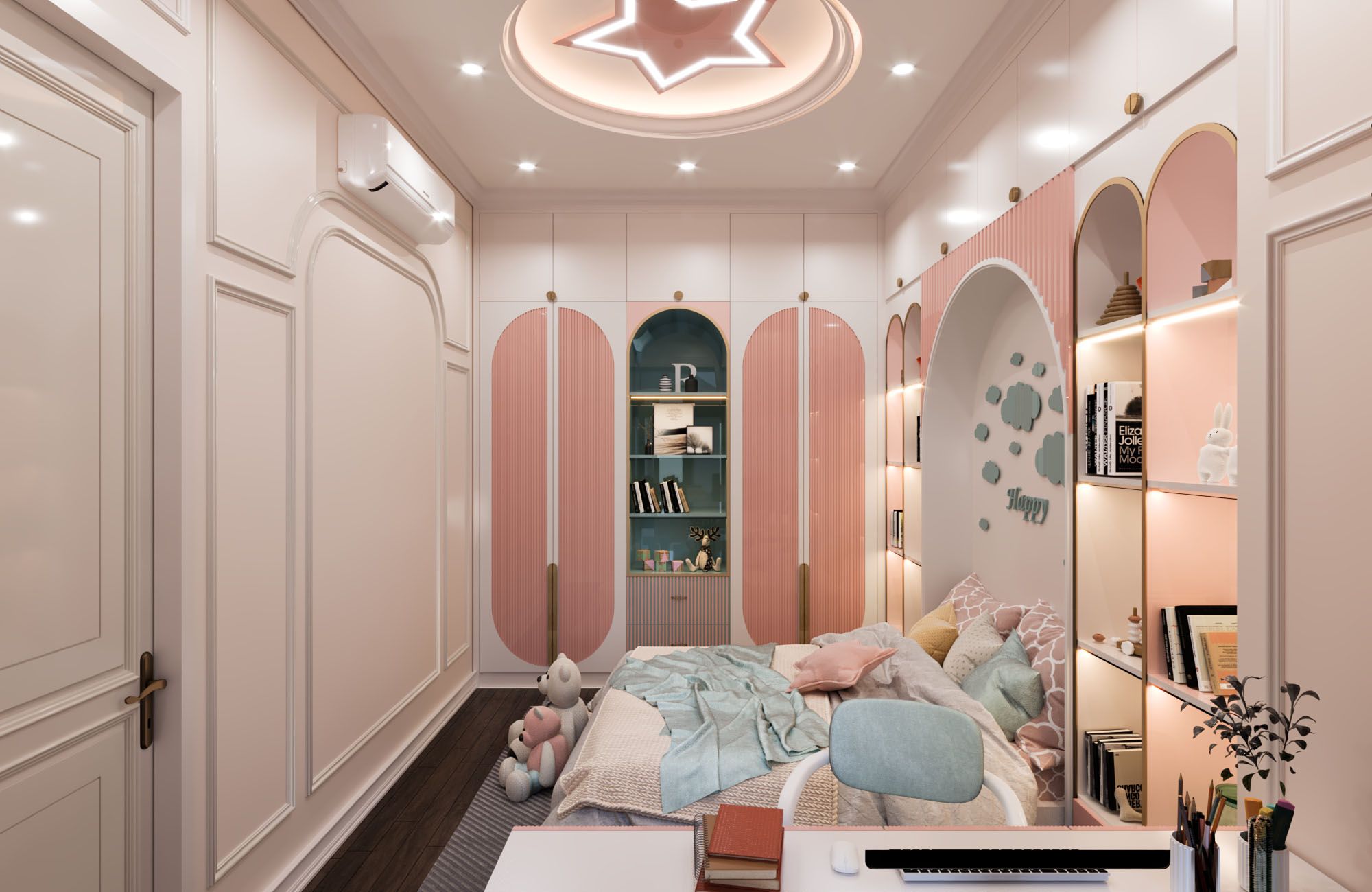Phòng ngủ cho bé gái trần thiết kế hình ngôi sao