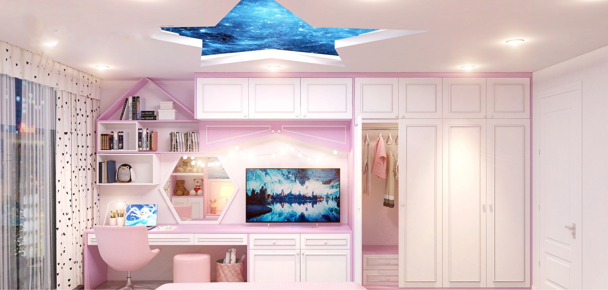 Phòng ngủ cho bé gái trần thiết kế ngôi sao dễ thương