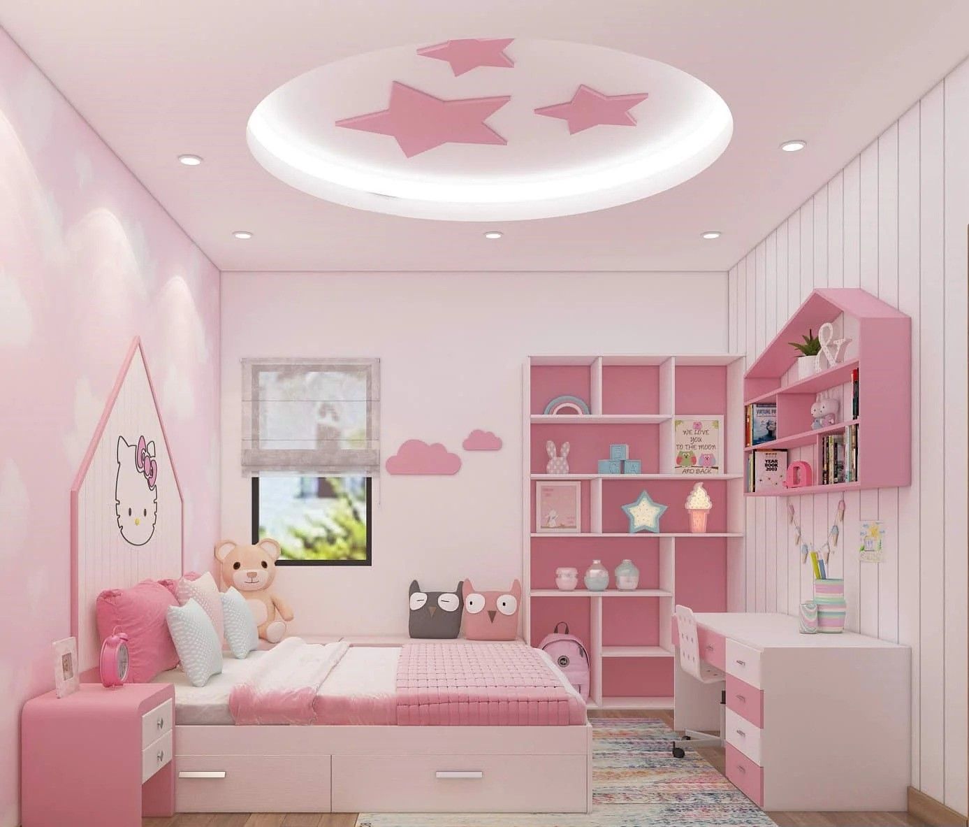 Phòng ngủ cho bé gái trần thiết kế với màu hồng pastel