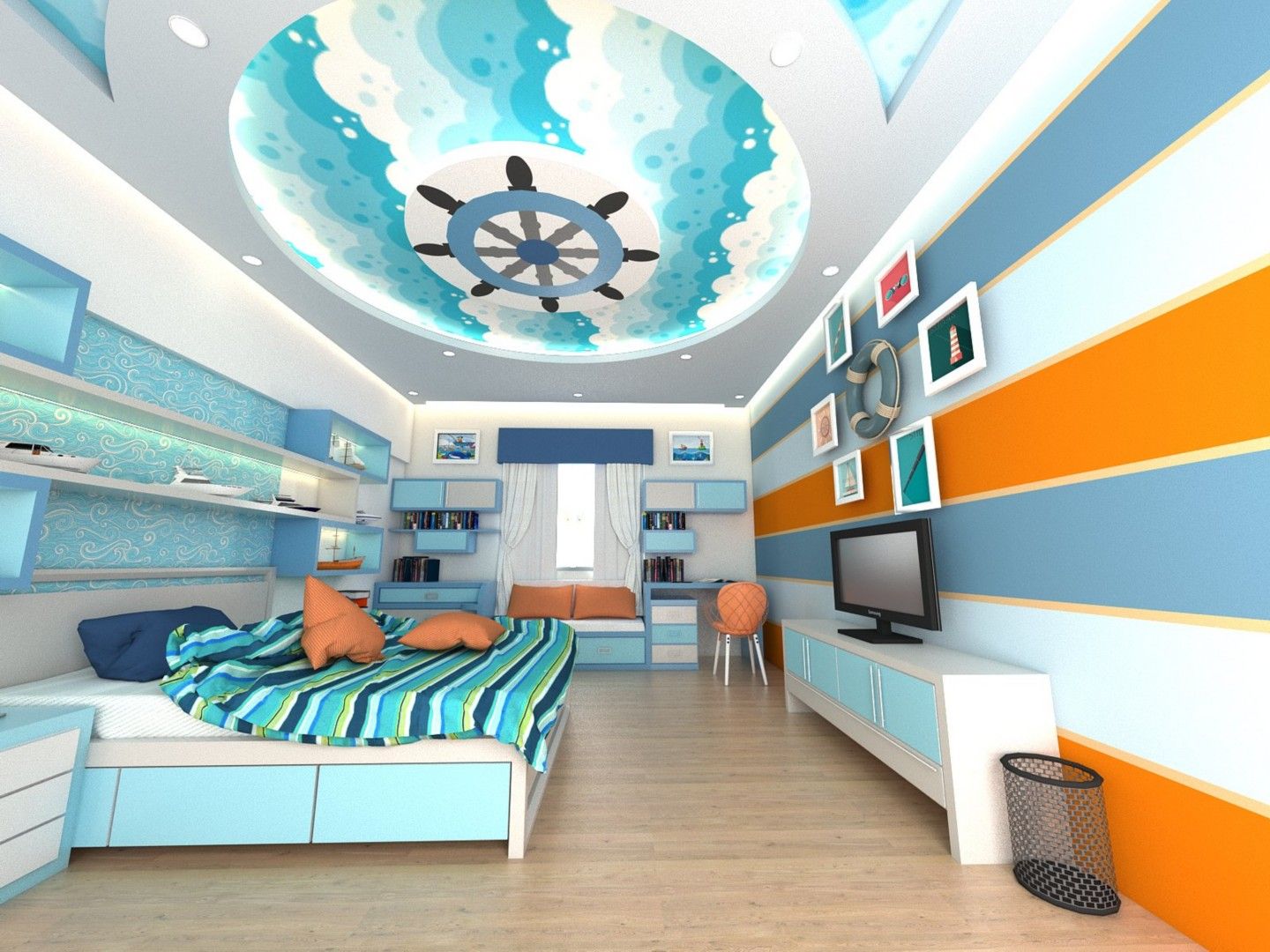 Phòng ngủ cho bé trai trần thiết kế biển khơi