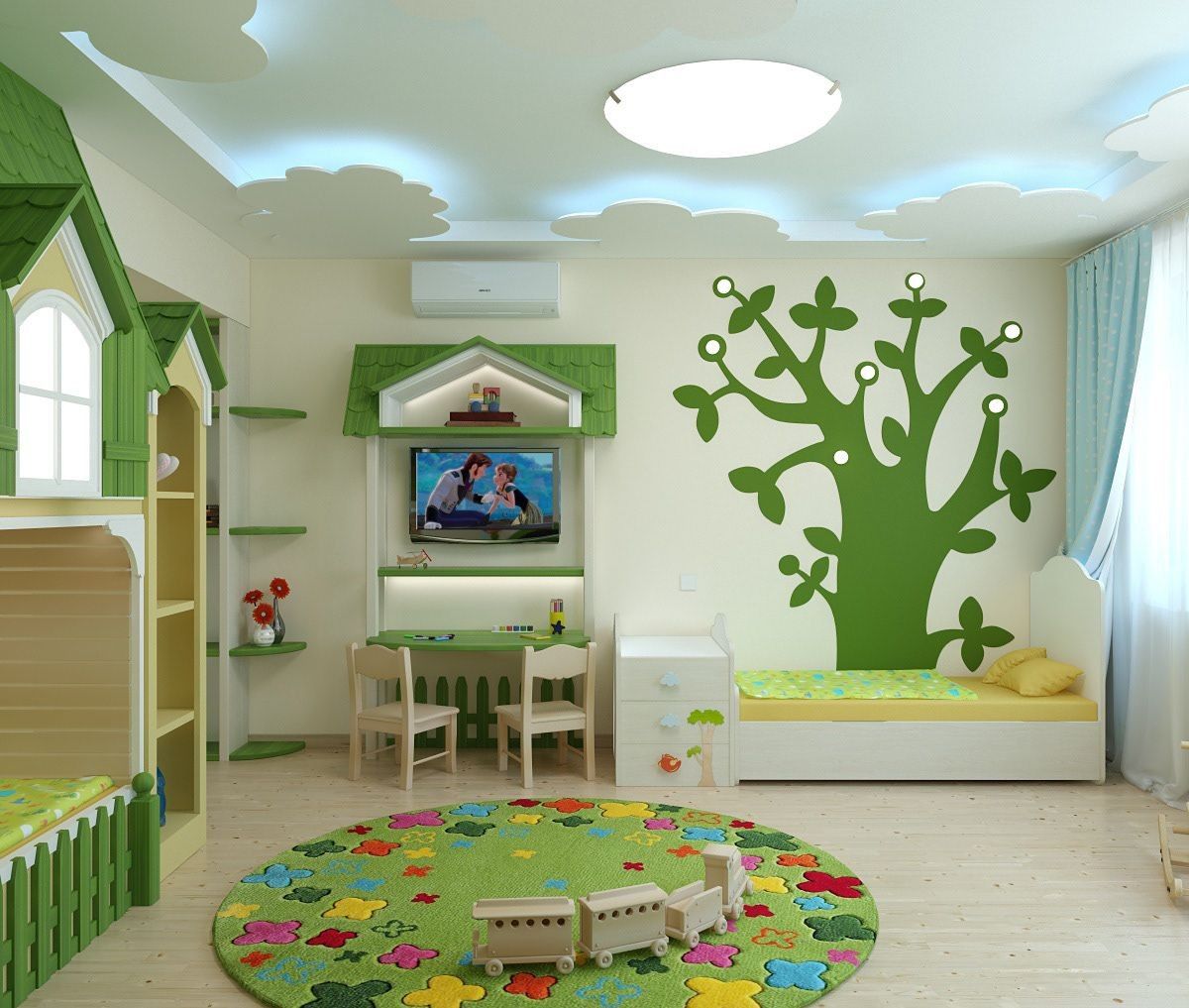 Phòng ngủ cho bé trai trần thiết kế cây và con vật
