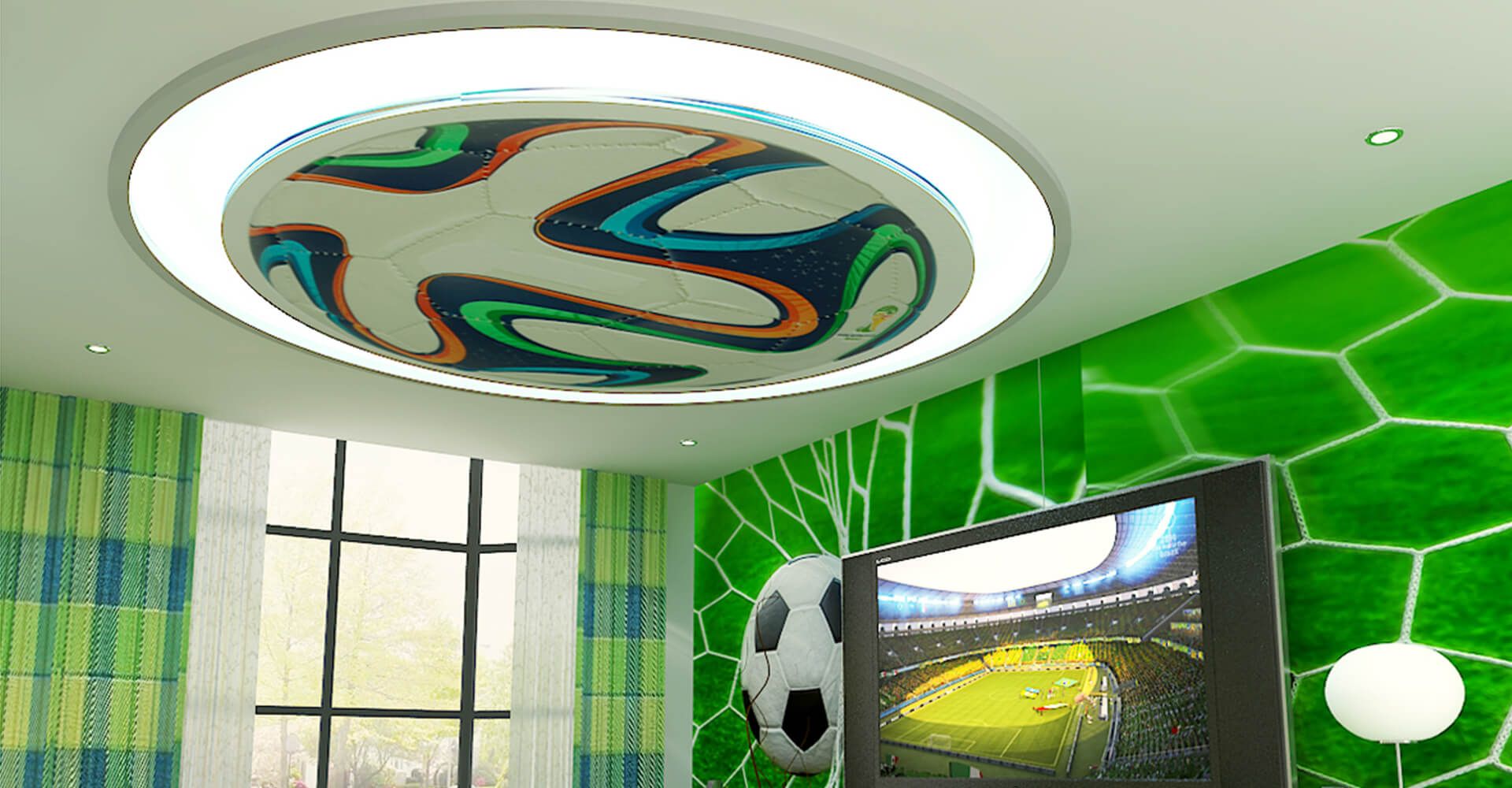 Phòng ngủ cho bé trai trần thiết kế bóng đá