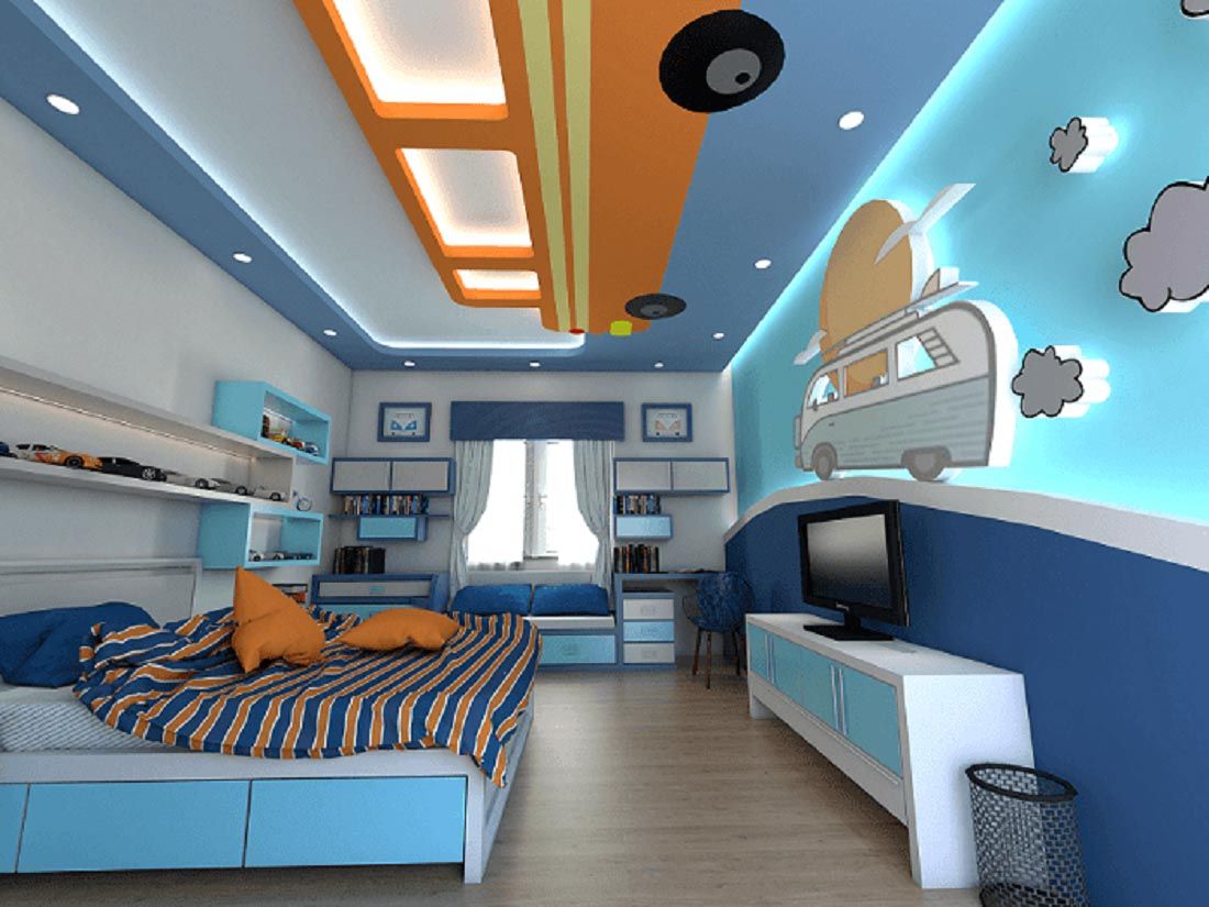 Phòng ngủ cho bé trai trần thiết kế xe