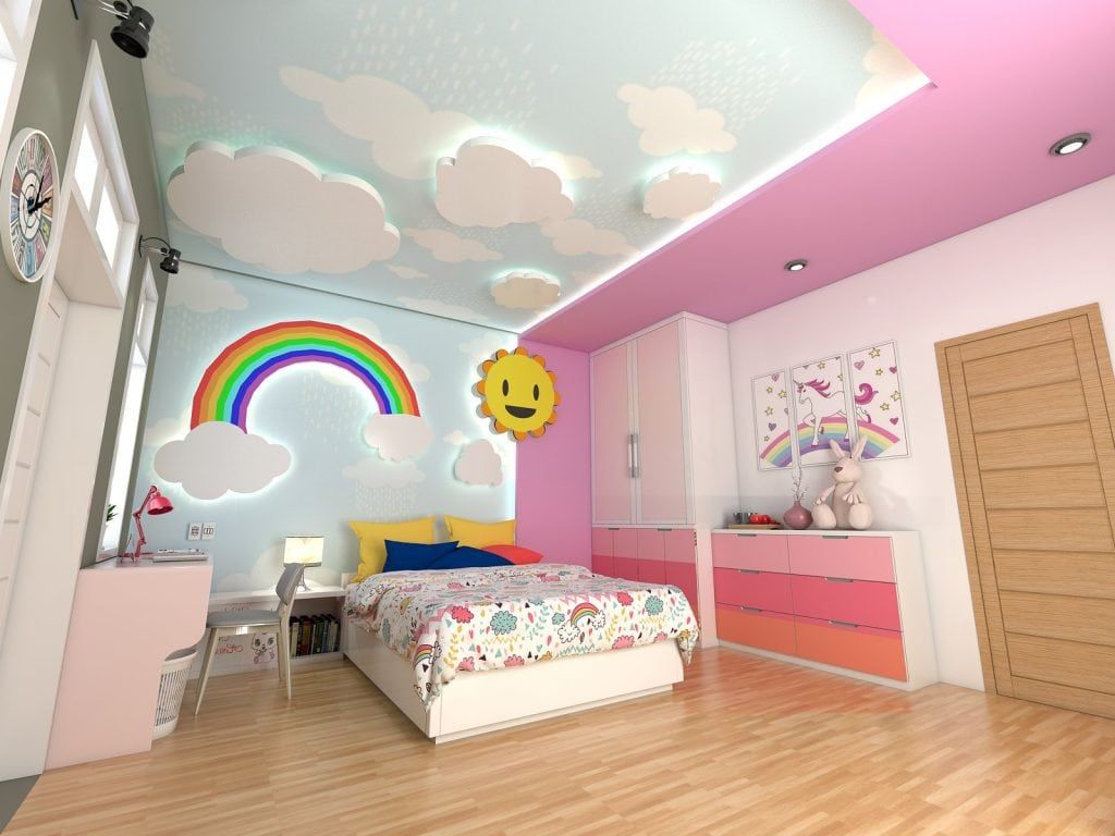 Phòng ngủ cho bé gái trần thiết kế dạng bầu trời