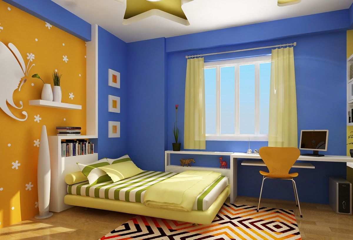 Phòng ngủ cho bé trai trần thiết kế xanh vàng