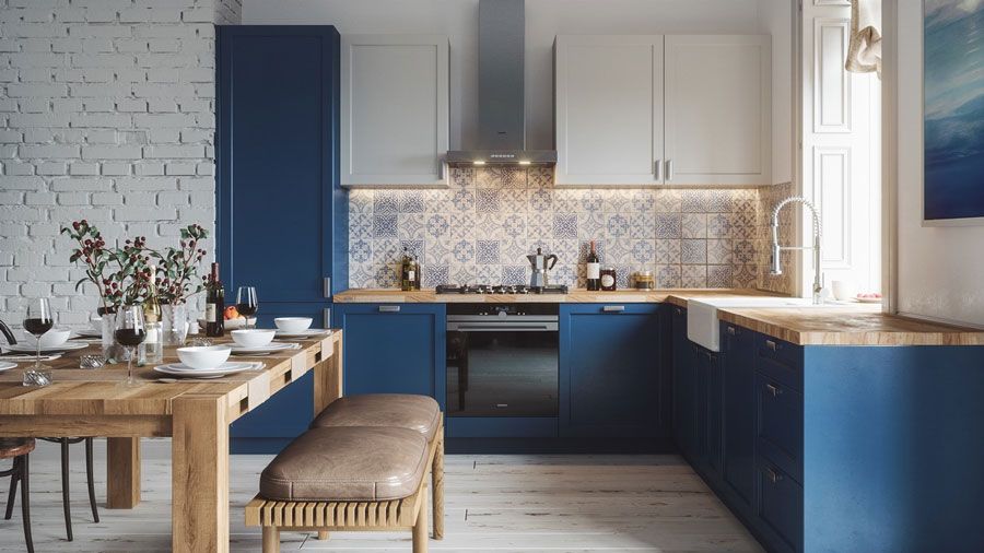 Tủ bếp phủ laminate tông màu xanh- trắng được thiết kế theo phóng cách tân cổ điển sang trọng