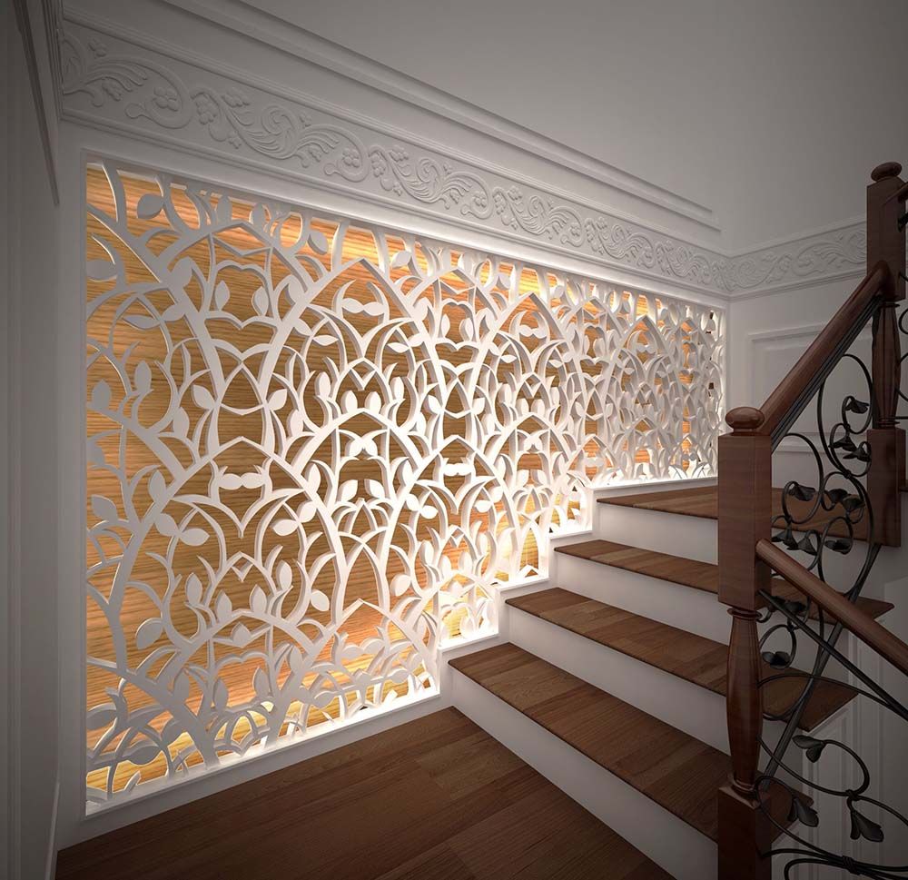 Vách ngăn cầu thang bằng hoạt tiết cây cỏ