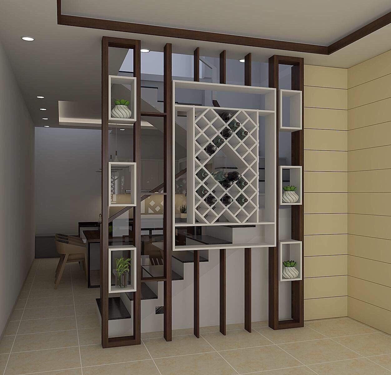 Vách ngăn cầu thang kết hợp kệ trang trí 