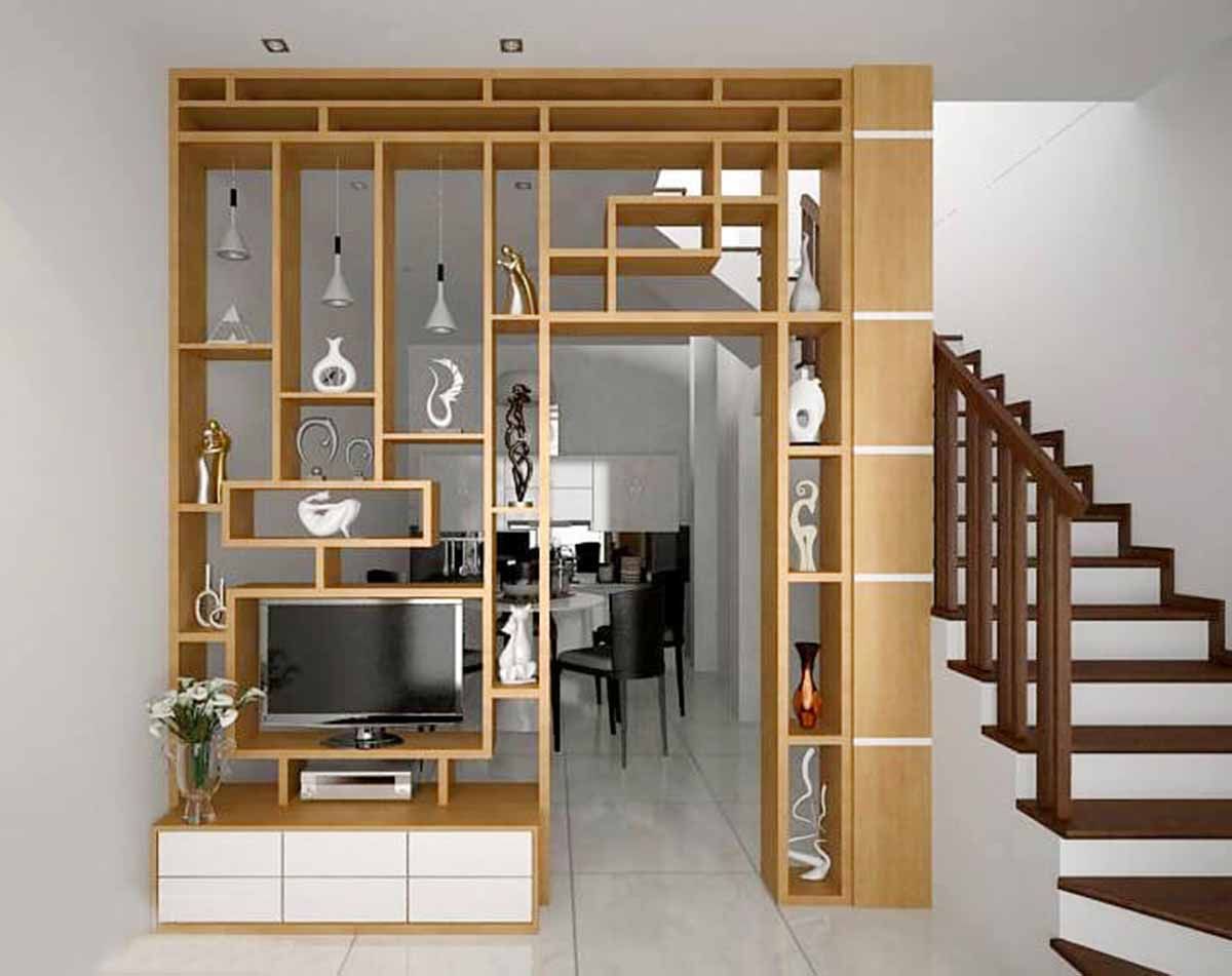 Vách ngăn cầu thang tam cấp làm từ gỗ
