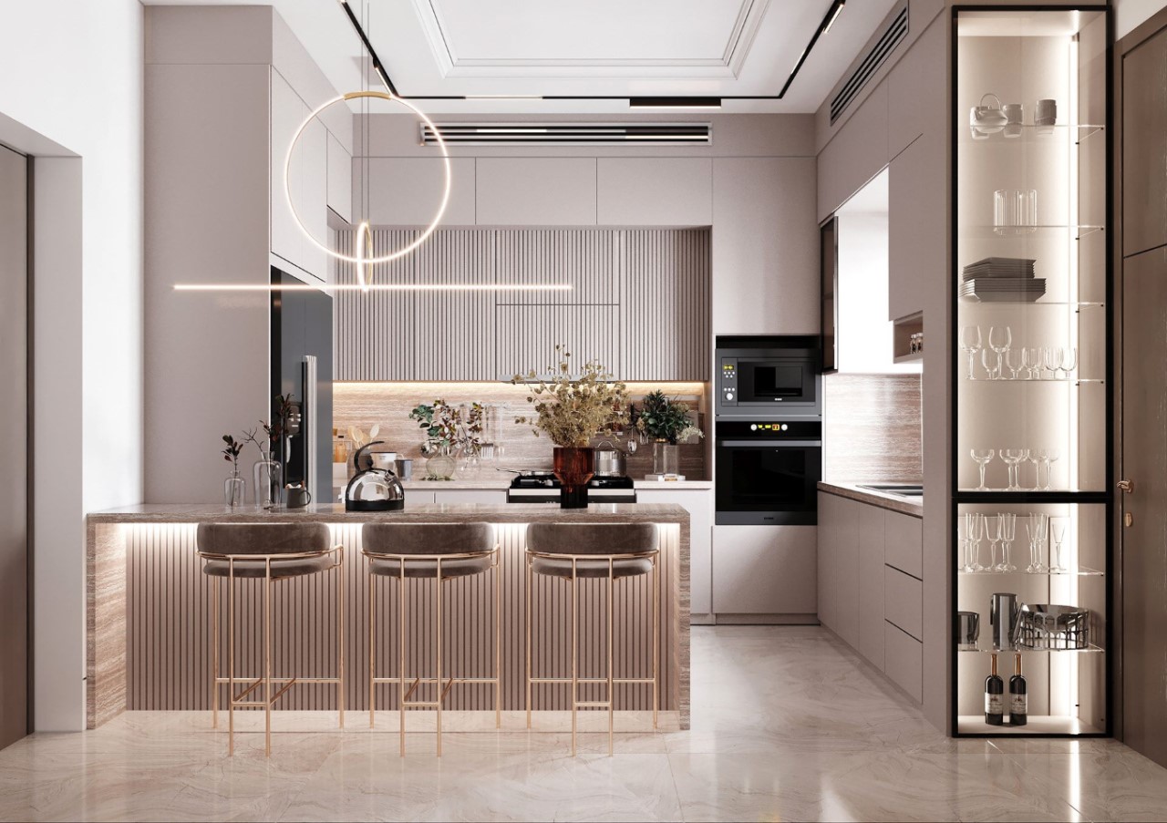 Thiết kế phòng bếp đẹp nhà ống phong cách hiện đại sang trọng