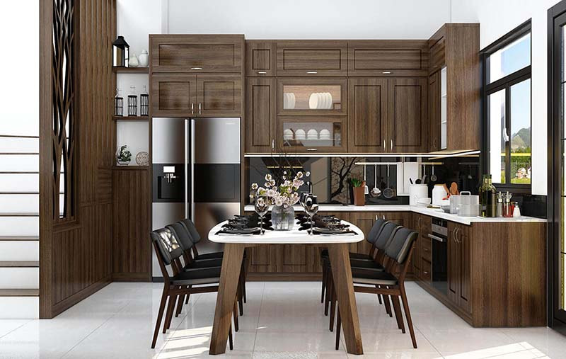 Đồ nội thất nhà bếp sang trọng làm từ gỗ óc chó tự nhiên