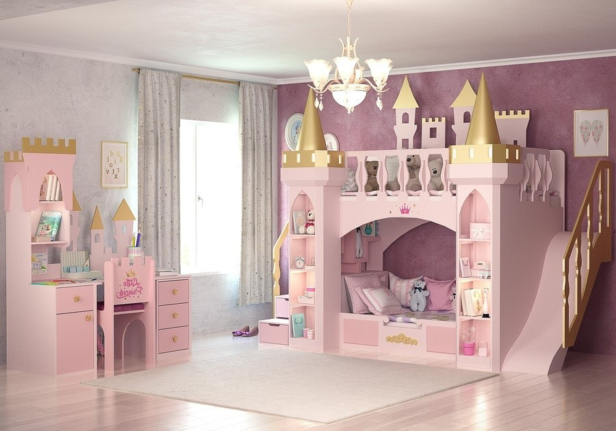 Phòng ngủ giường tầng lâu đài màu hồng cho bé gái an toàn, đẹp sáng tạo