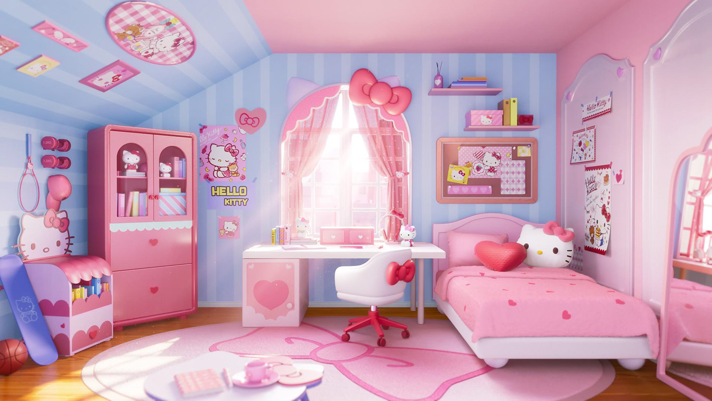 Giường ngủ ấn tượng với ga, gối Hello Kitty