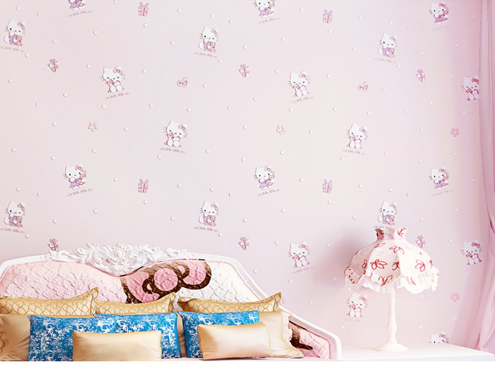 Tường và trần phòng ngủ Hello Kitty thường sử dụng màu trắng, hồng