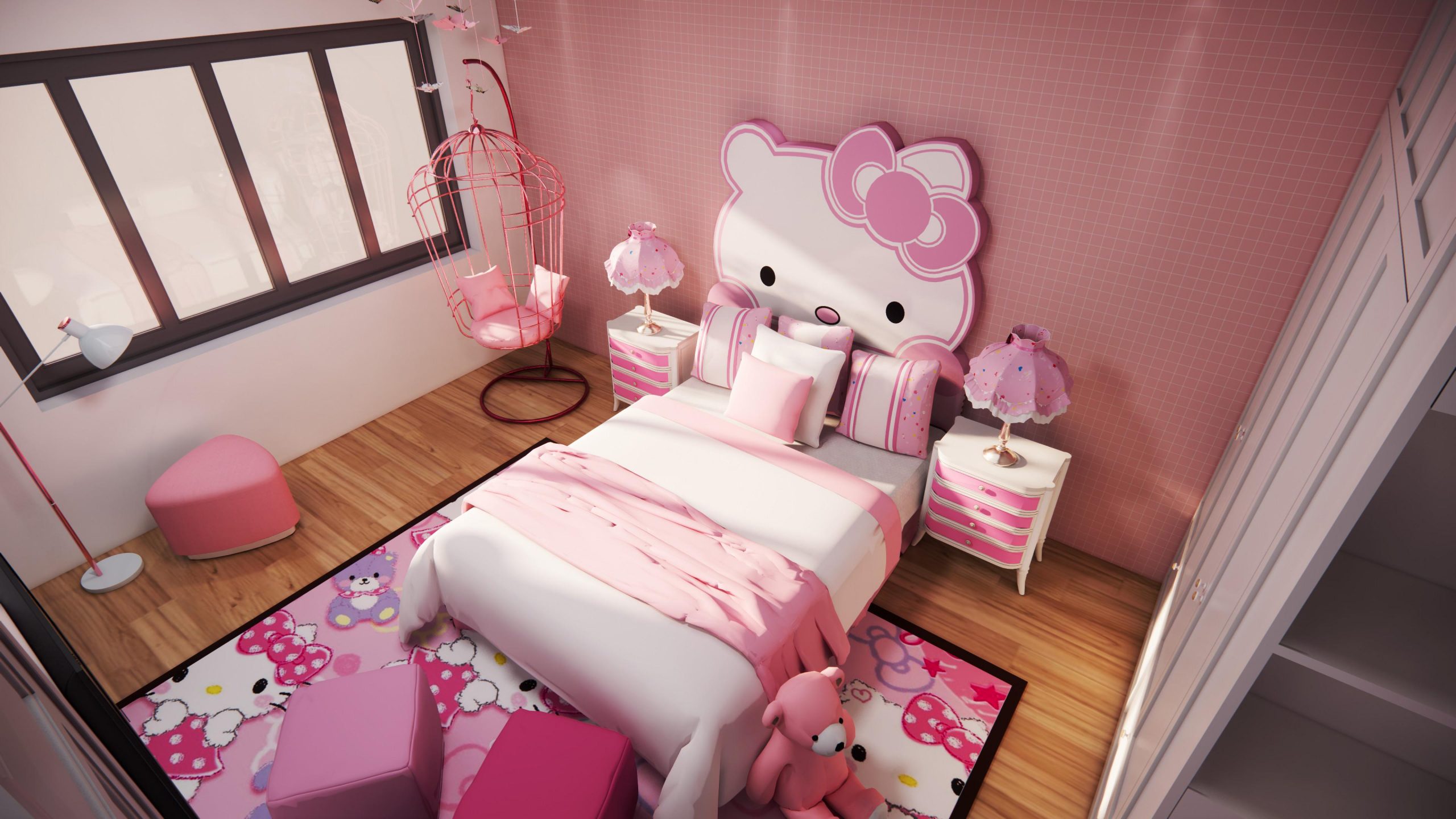 Sử dụng các vật decor trang trí theo hình tượng hello kitty cũng là một cách để tạo điểm nhấn cho căn phòng