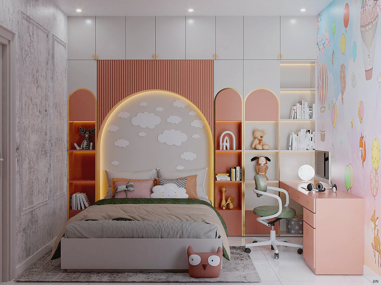 Phòng ngủ sử dụng nội thất màu hồng phối trắng dễ thương, đẹp mắt