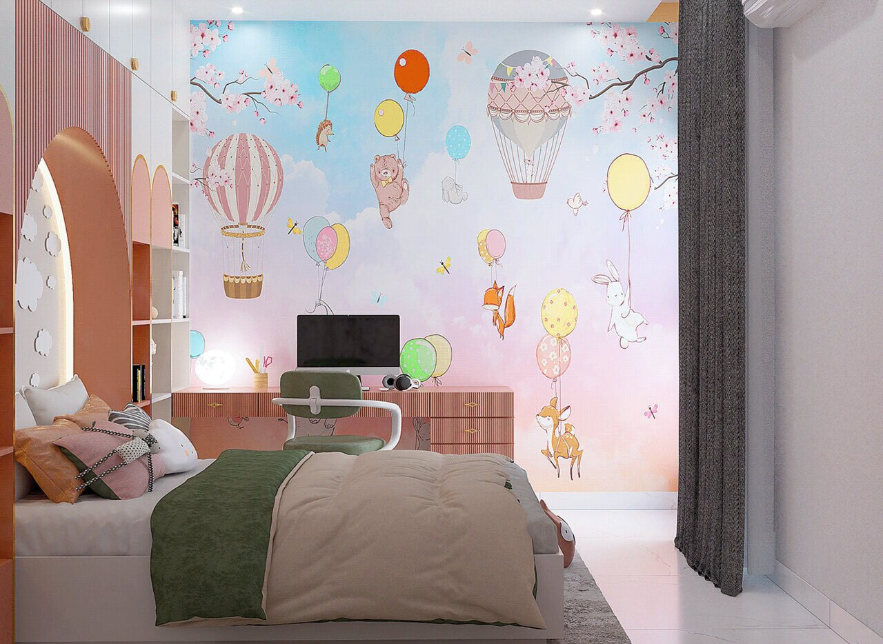 Sử dụng giấy dán tường kinh khí cầu cho phòng bé gái thêm sinh động