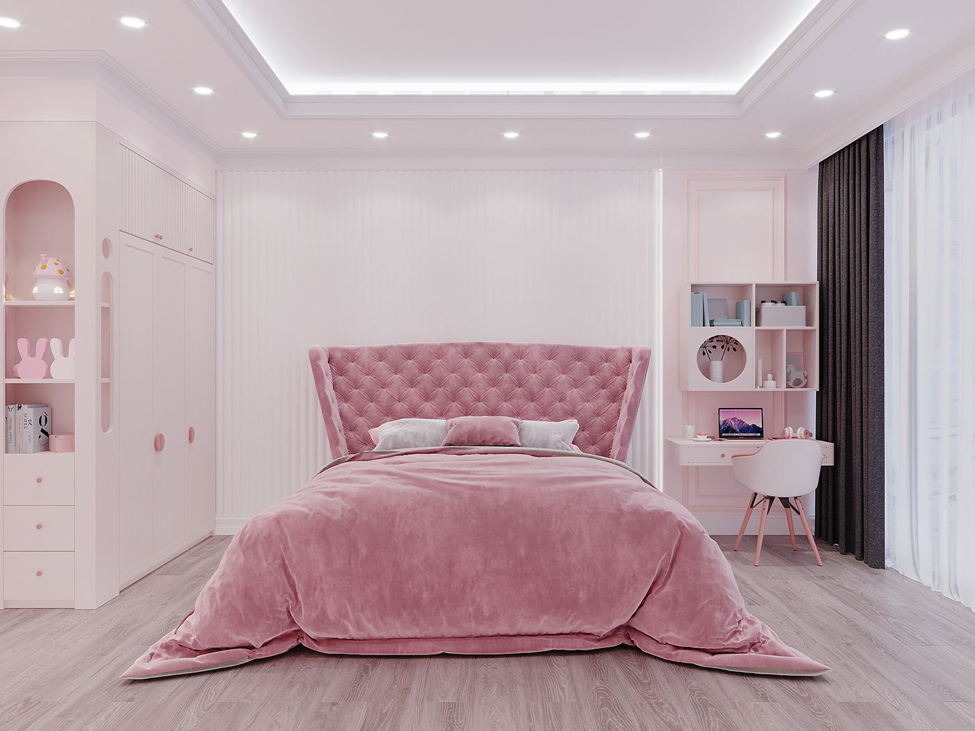 Mẫu phòng ngủ tân cổ điển sử dụng nội thất màu hồng vô cùng nữ tính