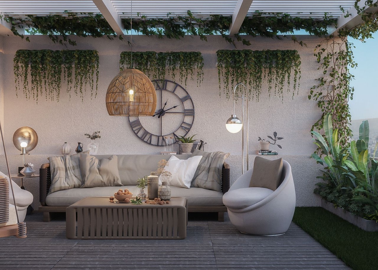 Không gian ban công rất chill được bố trí ghế sofa lớn và bàn trà, thêm đèn thả