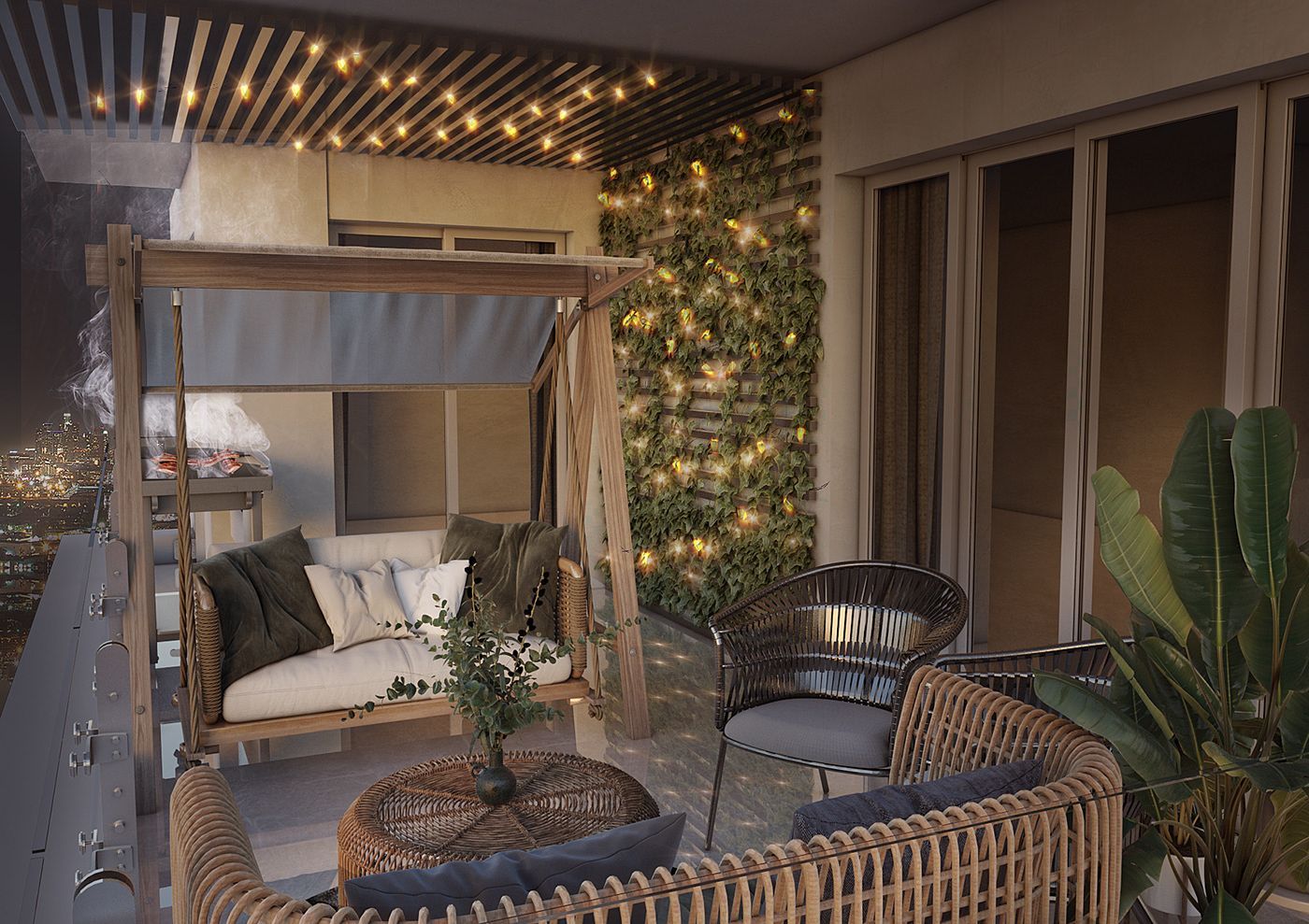 Dây đèn mang lại bầu không khí lãng mạn, ấm cúng cho ban công căn nhà