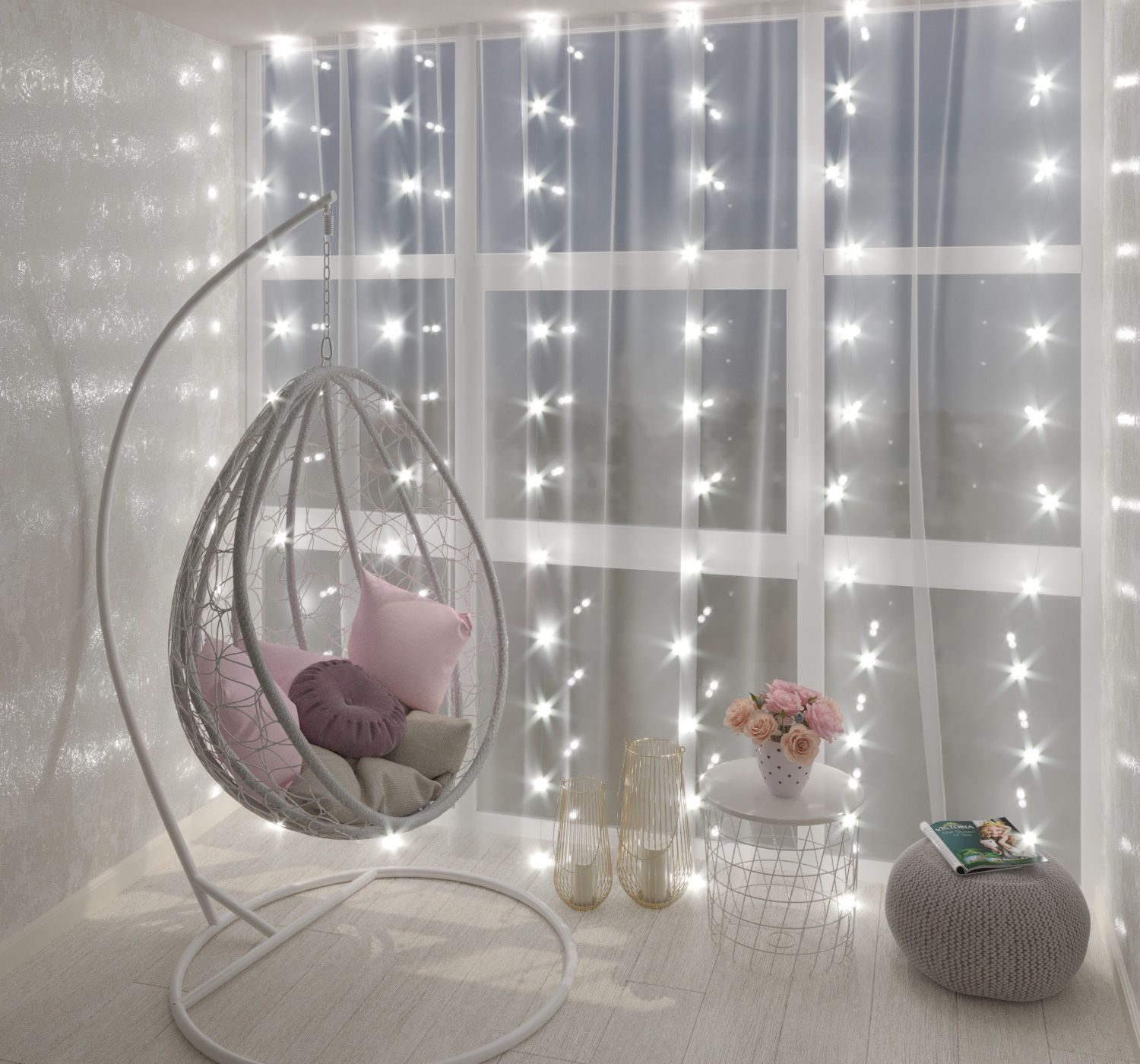 Decor ban công chill - lãng mạn với dây đèn và rèm 