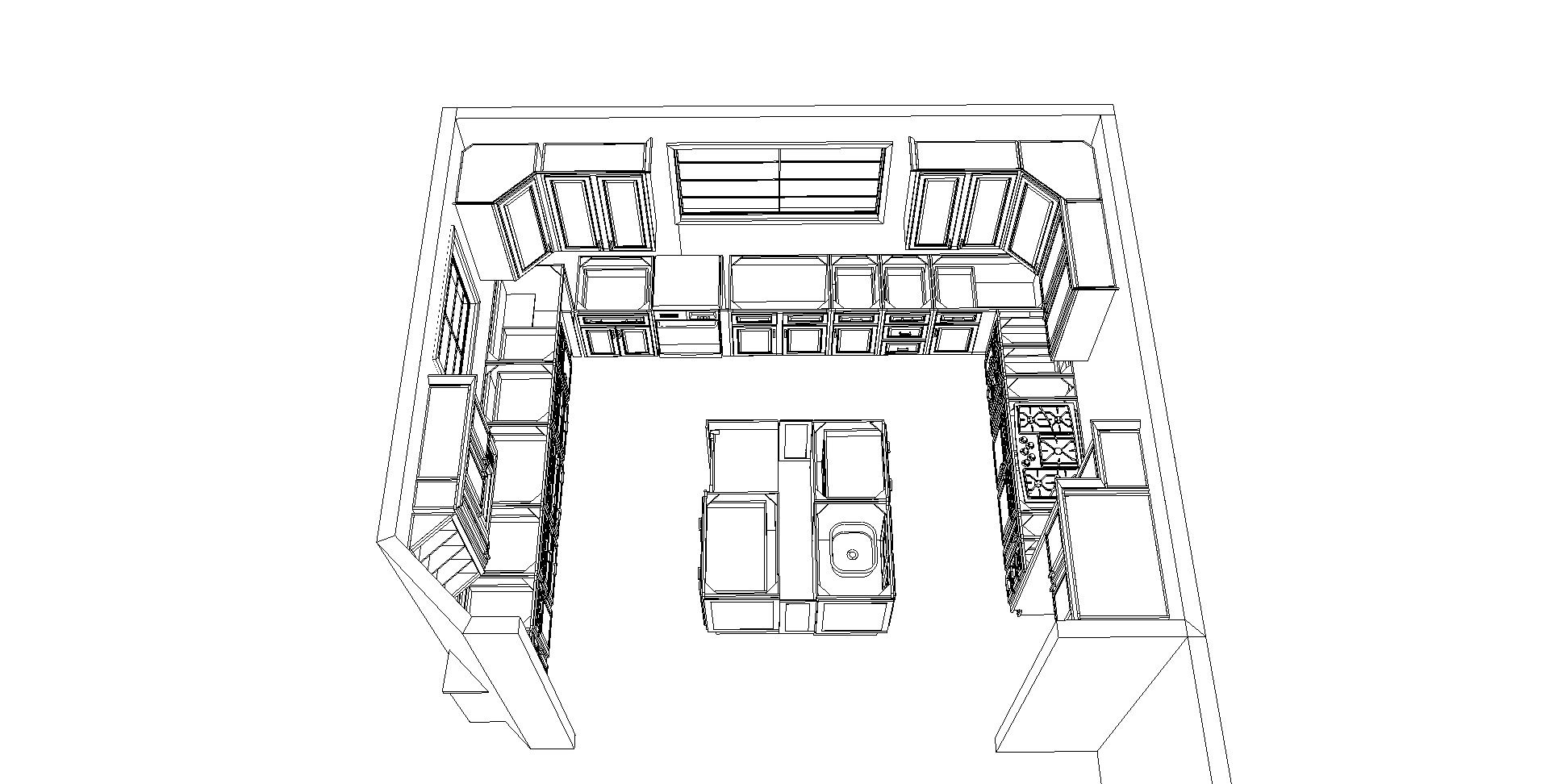 Bản vẽ 3D tủ bếp chữ U mô tả vị trí của các vật dụng nội thất bếp