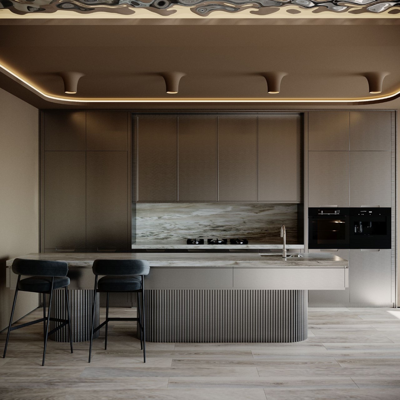 Tủ bếp đơn giản với đường bo cong mềm mại