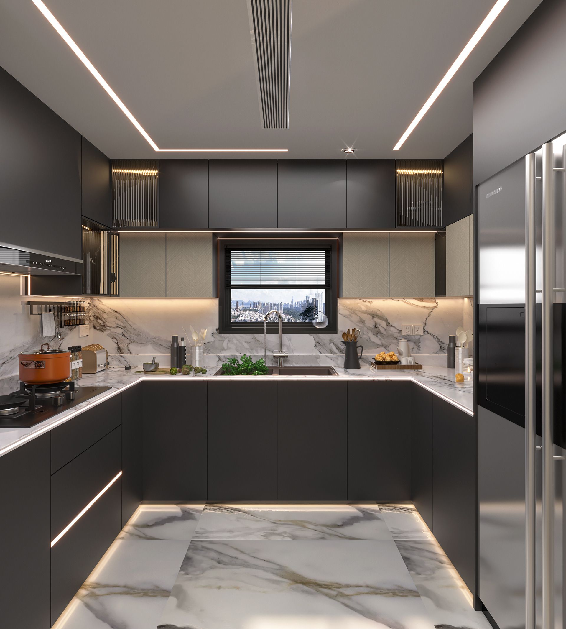 Hệ tủ bếp chữ U cho nhà phố hiện đại