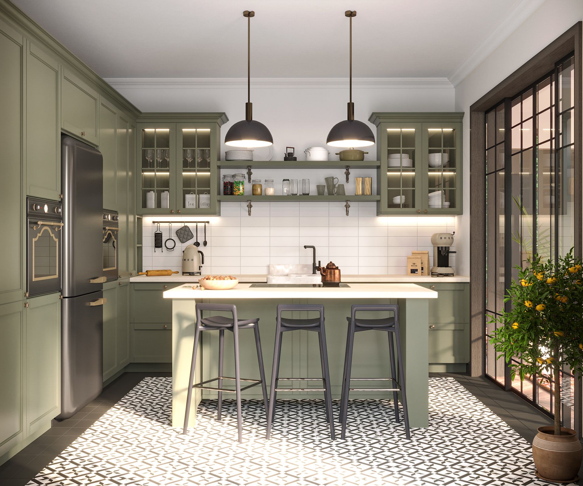 Hệ tủ bếp chữ L màu xanh rêu lạ mắt