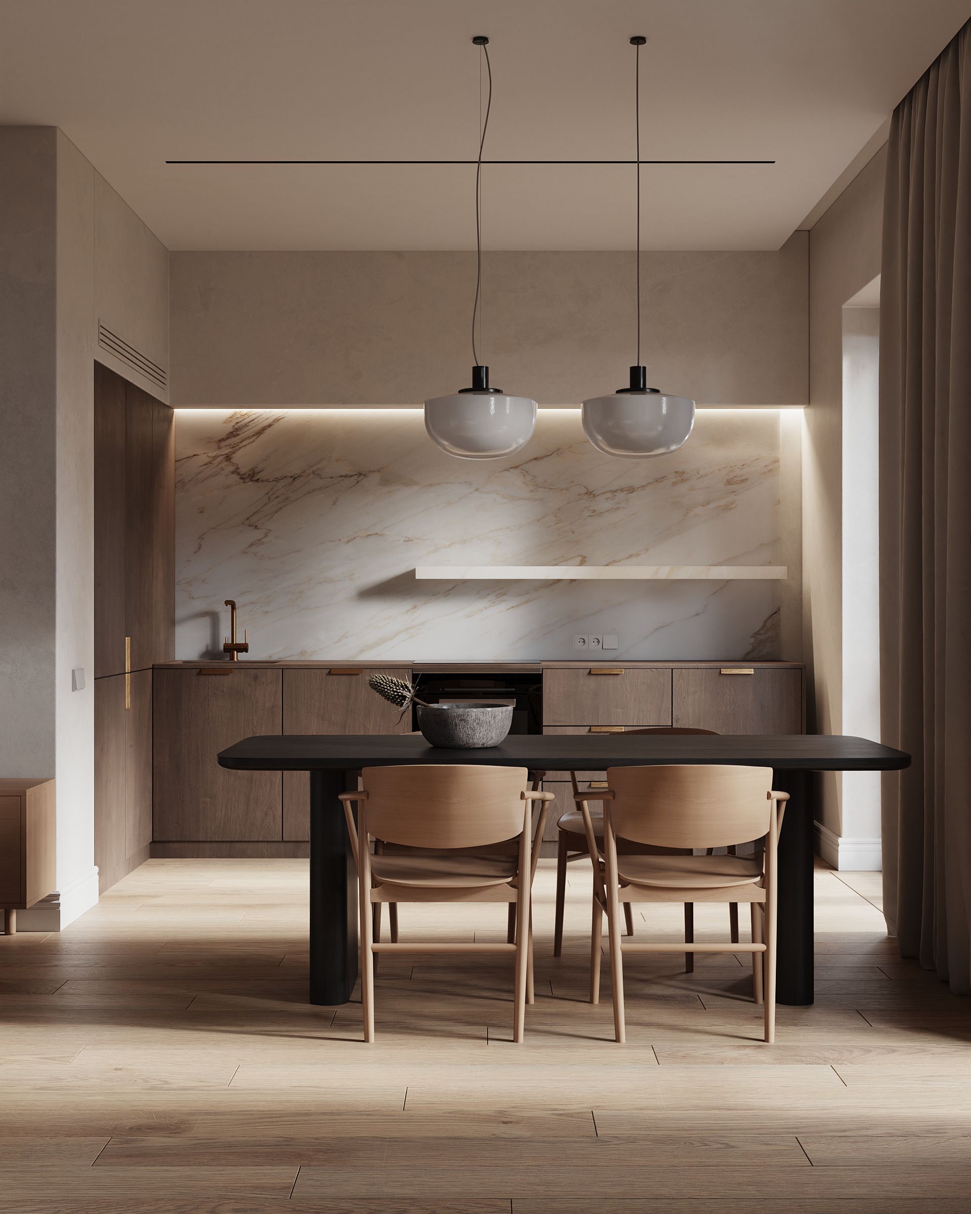 Hệ tủ bếp chữ I đơn giản cho nhà ống với thiết kế không có tủ trên