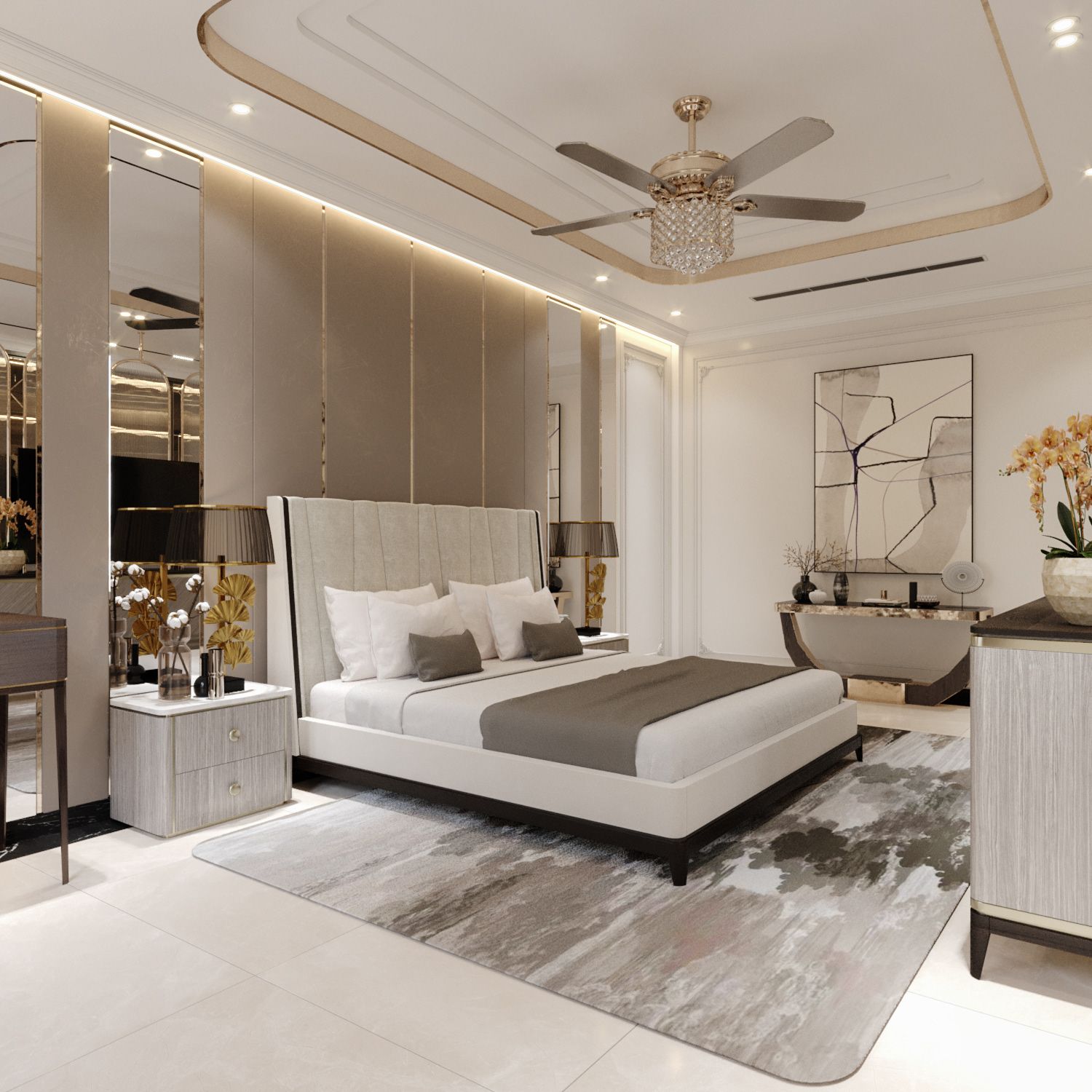 Phòng ngủ master với thiết kế giường ngủ chân thấp đặt chính giữa không gian