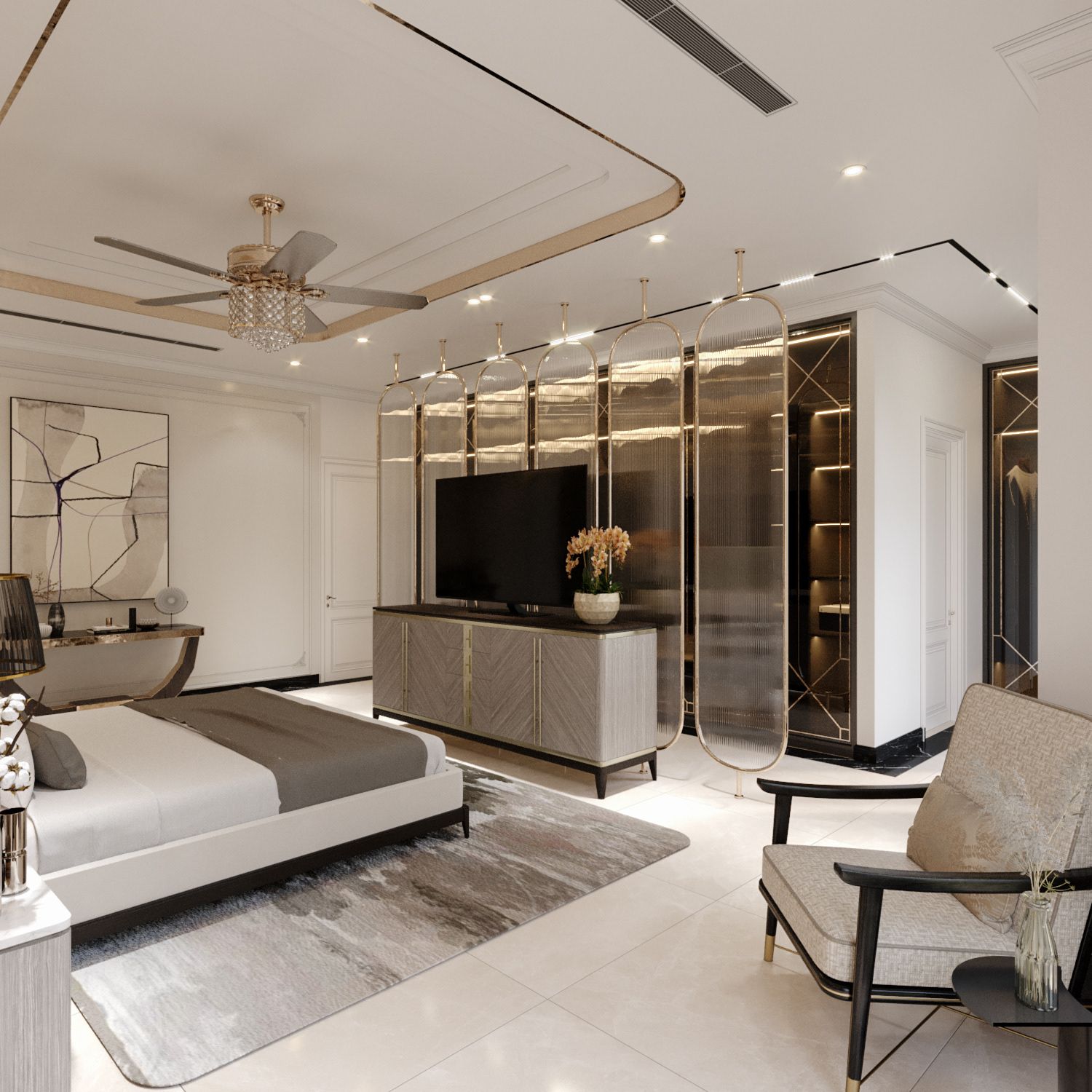 Hệ tủ quần áo cánh kính gắn nẹp chỉ vàng cùng đèn led rực rỡ