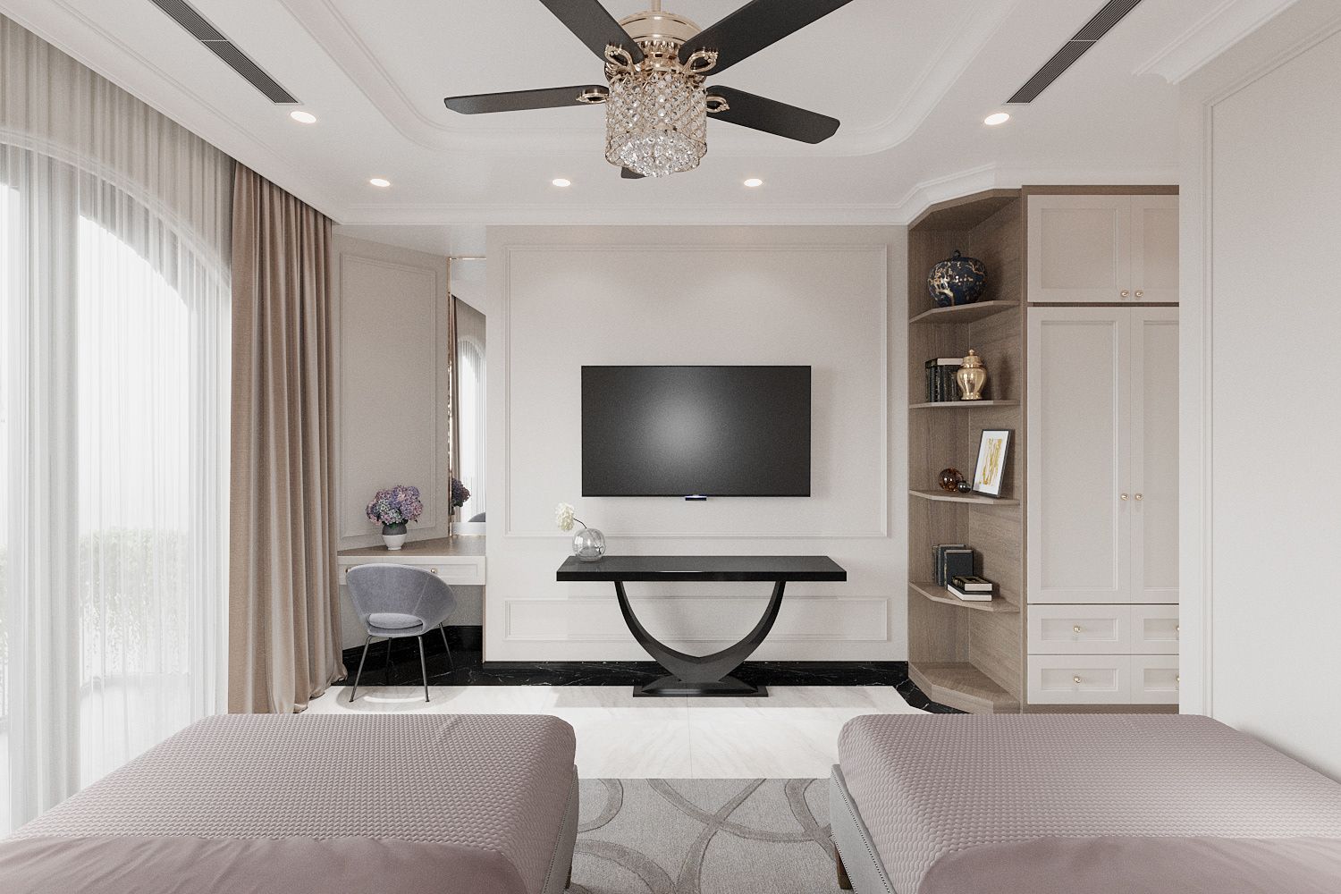 Cuối giường bố trí thêm tủ quần áo và bàn trang điểm