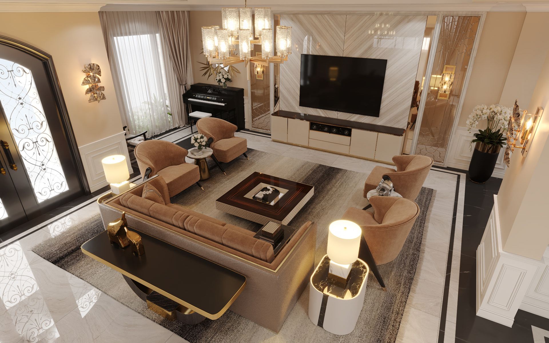 Bàn trà và ghế sofa bố trí hình chữ U