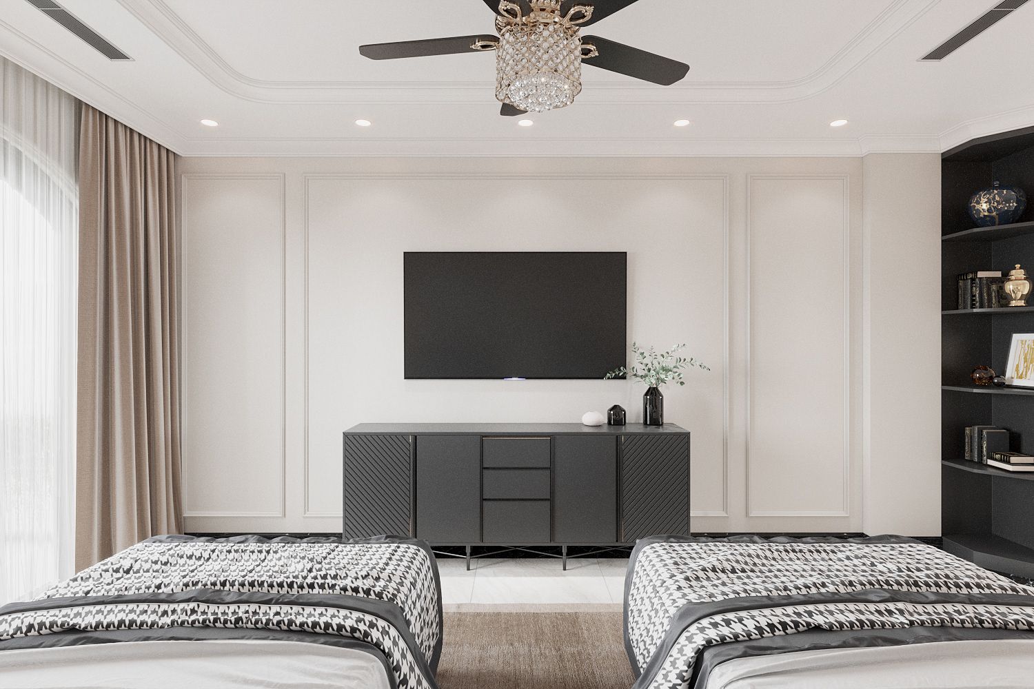 Cuối giường bố trí kệ tivi đơn giản